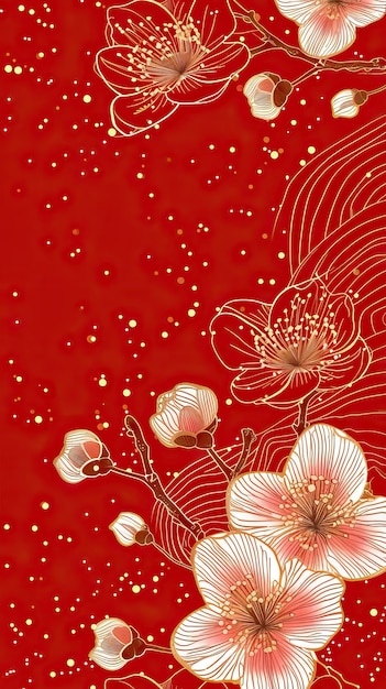 Feliz año nuevo chino patrón de estilo de lujo fondo flor de sakura oriental línea de oro arte textura en fondo rojo ilustración generada por IA