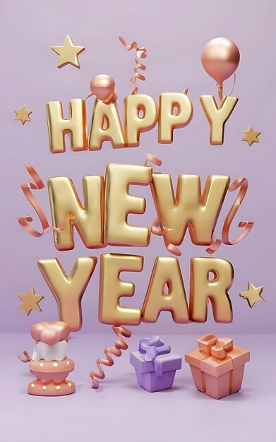 Foto feliz año nuevo con clipart tipografía ilustración 3d render