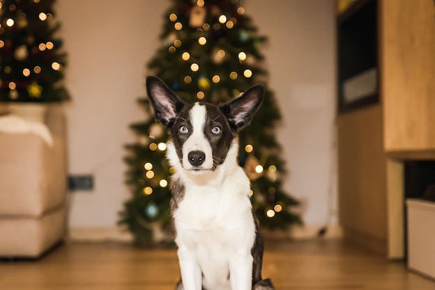 Feliz Año Nuevo y Feliz Navidad Lindo perro cerca del árbol de Navidad El perro está esperando unas vacaciones en casa Celebrando festivamente