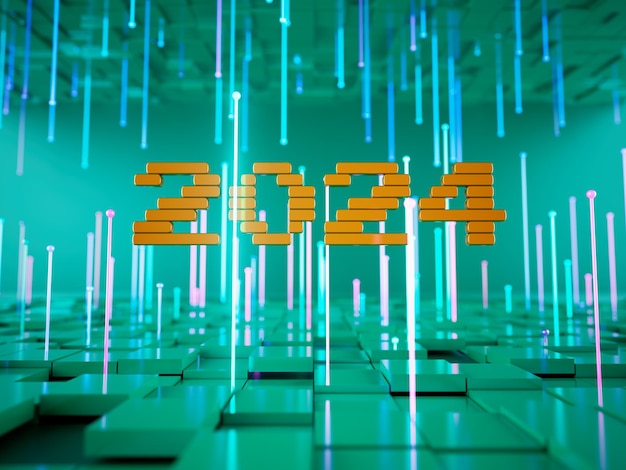 feliz año nuevo fiesta de fiesta diseño gráfico abstracto celebración geométrica feliz idea de decoración 2024 número texto de navidad arte invierno papel pintado de fondo chispa renderización ilustración 3d