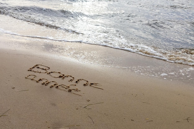 feliz año nuevo en francés signo de texto significa bonne annee escrito en la playa de arena ola costa del mar