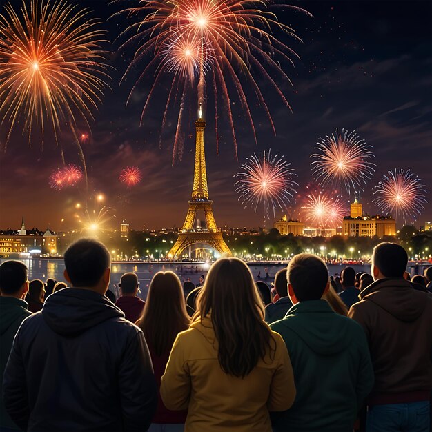 Feliz año nuevo fuegos artificiales deslumbrantes noche estrellada Fondo
