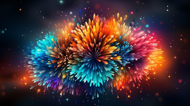 Feliz año nuevo con fuegos artificiales festivos explosiones en fondo oscuro