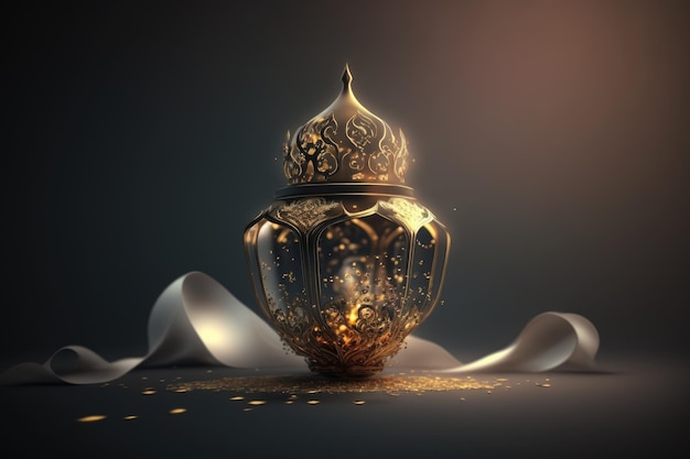 Feliz año nuevo islámico nuevo año lunar Hijri con podio de oro creciente mezquita de linterna árabe 1440 Afiche fotográfico creativo o banner tarjeta de felicitación copia espacio Luna