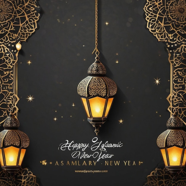 Feliz año nuevo islámico en las redes sociales con fondo de linterna árabe