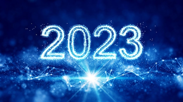 Feliz Año Nuevo El número 2023 destaca en el centro de la imagen sobre un fondo azul oscuro