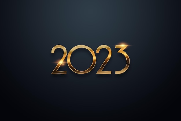 Feliz año nuevo números dorados 2023 en un fondo oscuro Tarjeta de vacaciones Estilo de revista Banner Sitio web Encabezado Plantilla de póster web para póster publicitario Ilustración 3D Render 3D