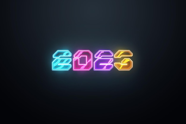 Feliz año nuevo números de neón 2023 en un fondo oscuro Tarjeta navideña Estilo de revista Banner Sitio web Encabezado Plantilla de póster web para póster publicitario Ilustración 3D Render 3D