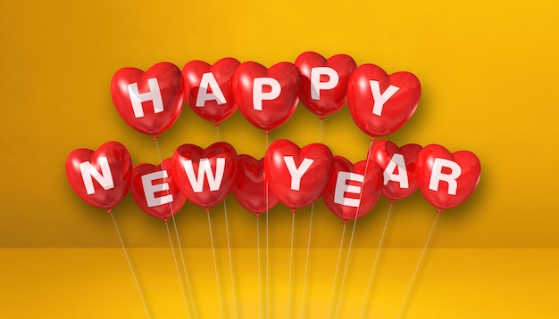 Feliz año nuevo rojo globos en forma de corazón sobre un fondo de hormigón amarillo. Banner horizontal. Render de ilustración 3D