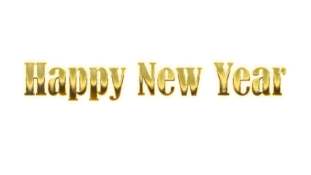 Feliz año nuevo texto dorado aislado en blanco. 3d render feliz año nuevo caligrafía