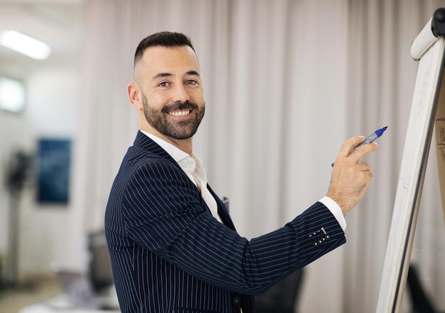 Foto feliz apuesto hombre adulto europeo en traje con profesor de barba escribiendo en la pizarra