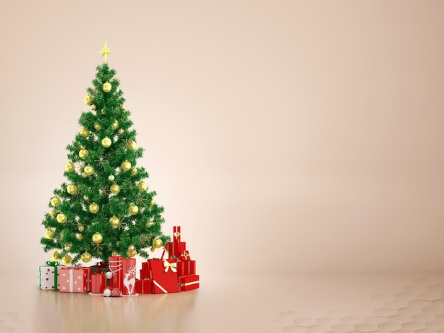 Foto feliz árbol de navidad y feliz año nuevo regalo concepto banner color crema fondo. representación 3d