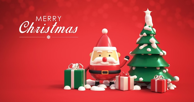 feliz árbol de Navidad con Santa Claus y regalos papel pintado 3D render