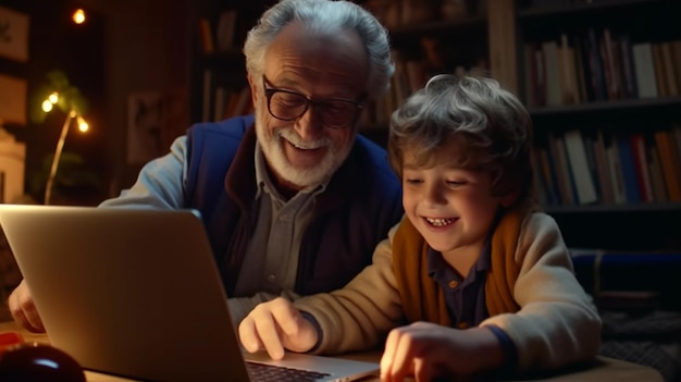 Feliz avô e pai ensinando o menino a usar laptop