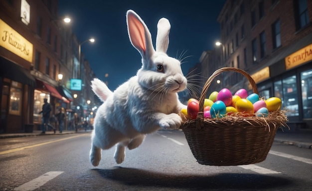 Feliz bandera de felicitación de Pascua o tarjeta con conejo divertido saltando muchos huevos de Pascua