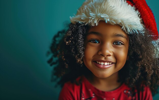 Feliz bebé afroamericano con sombrero de Papá Noel en el fondo de Navidad