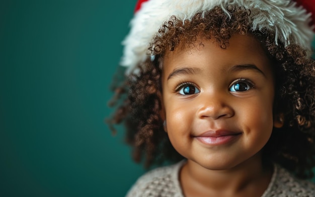 Feliz bebé afroamericano con sombrero de Papá Noel en el fondo de Navidad