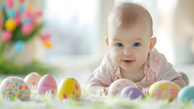 Feliz bebé y coloridos huevos de Pascua