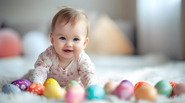 Foto feliz bebé e ovos de páscoa coloridos