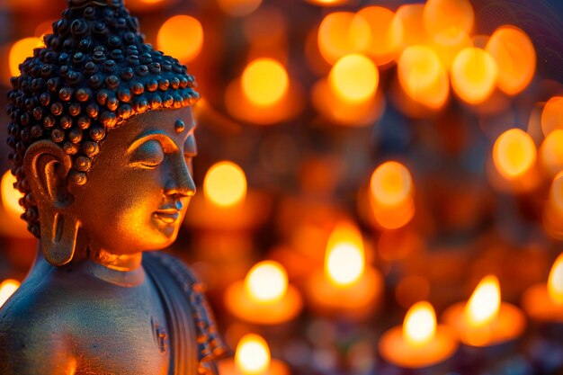 Feliz Buda Purnima Figura budista com velas em um fundo escuro com espaço de cópia