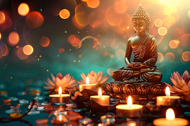 Feliz Buda Purnima Figura budista com velas em um fundo escuro com espaço de cópia