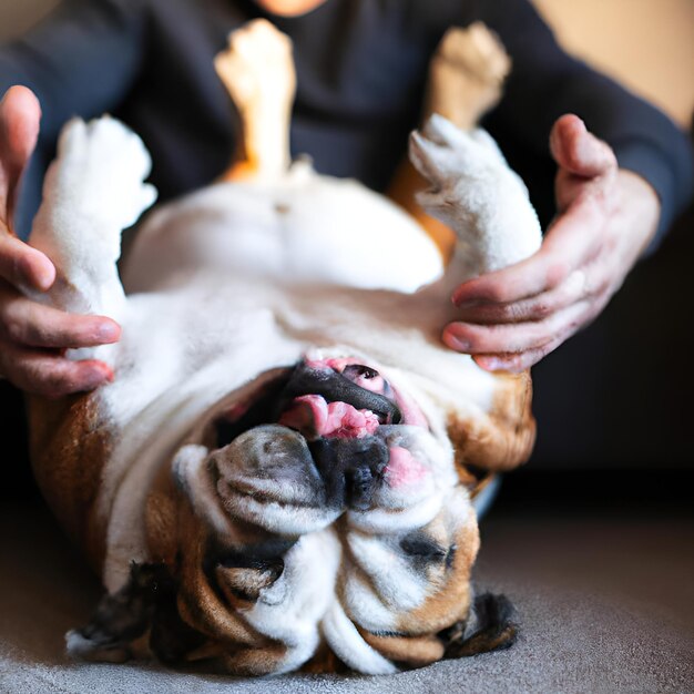 Foto el feliz bulldog inglés está acostado boca arriba con las patas levantadas mientras el dueño se frota el vientre