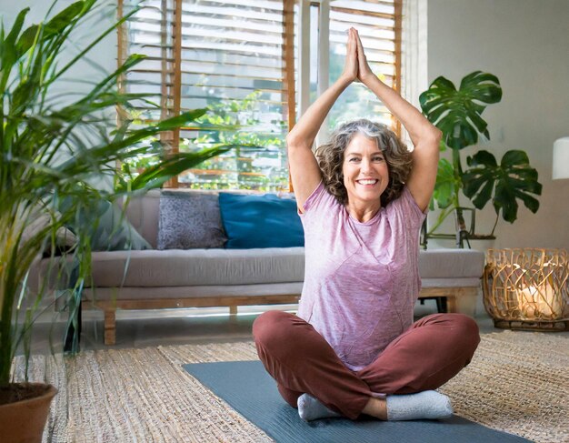 Feliz cabello gris mujer anciana sana haciendo estiramiento de brazos en una sesión de yoga pacífica en la sala de estar de casa