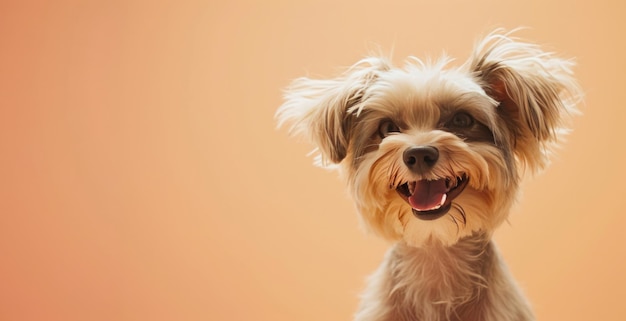 Feliz cachorrinho de pêssego leve sorrindo carinhosamente em um fundo de pêssegos isolado tons suaves e brilhantes
