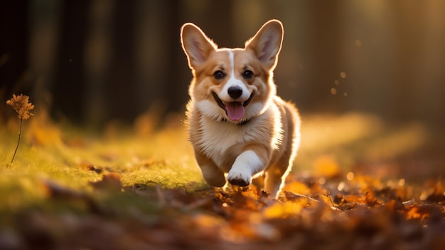 Feliz cachorrinho Welsh Corgi corre pela grama e folhagem do outono no parque ao pôr do sol