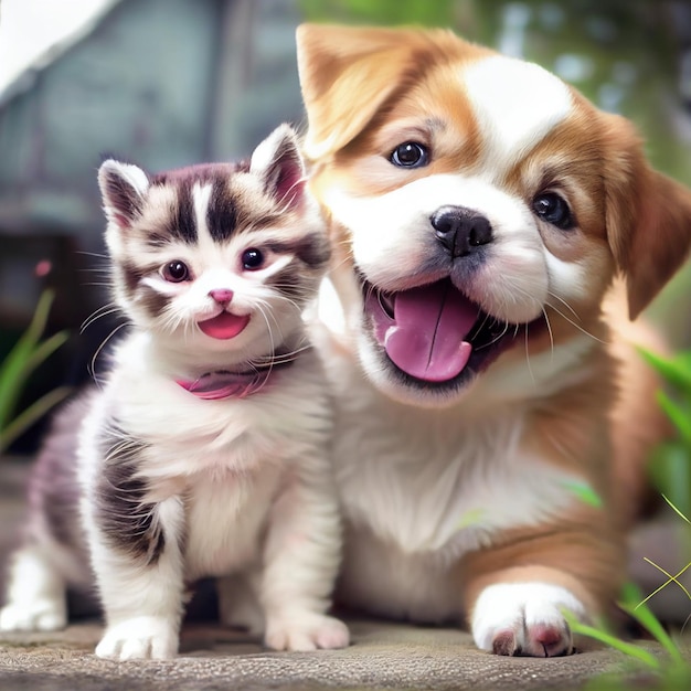 Feliz cachorro perro y gatito amigos posando juntos y sonriendo