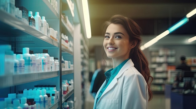 Foto feliz cajera con bata blanca sirve estantes a los clientes con productos para el cuidado de la salud en la farmacia moderna farmacia farmacia ai generativa