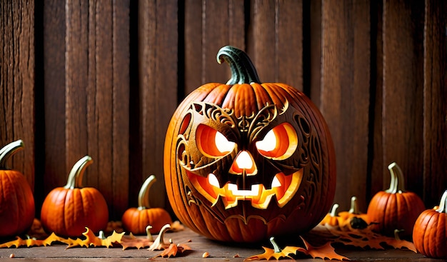 Feliz calabaza de Halloween con un intrincado diseño único colocado sobre un fondo rústico de madera