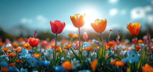 Feliz campo vibrante de flores de primavera bañado en la luz del sol con majestuosas montañas en el fondo