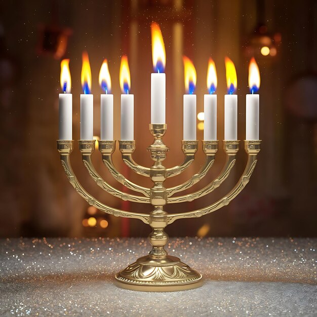Feliz candelabro de Hanukkah en llamas de pie sobre un fondo brillante