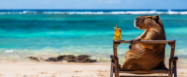 feliz capibara se sienta y se relaja en una silla de descanso en una playa de arena en la costa del Caribe bebiendo un