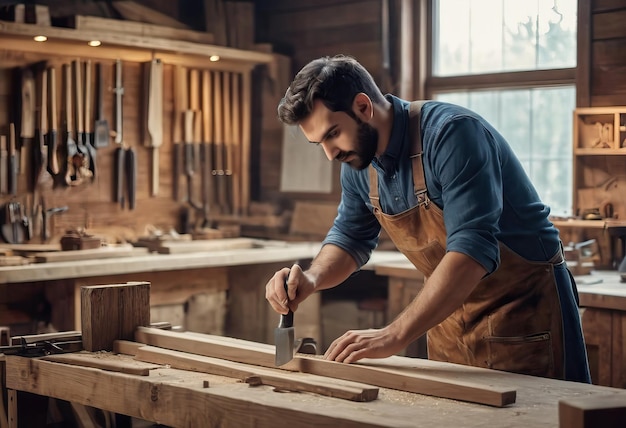 Feliz carpintero sonriendo para dibujar muebles de madera en taller de madera aspecto profesional alta habilidad auténtica gente de trabajo artesanal auténtica