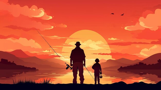 Feliz cartão de Dia do Pai Silhuetas de pai e filho pescando no pôr do sol juntos