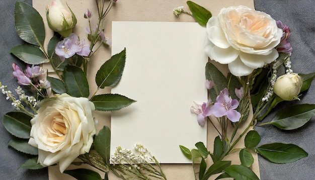 Feliz cartão de noivado com flores e folhas copiar mockups de texto de espaço vista superior