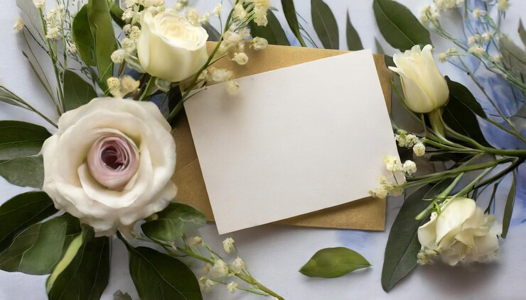 Foto feliz cartão de noivado com flores e folhas copiar mockups de texto de espaço vista superior