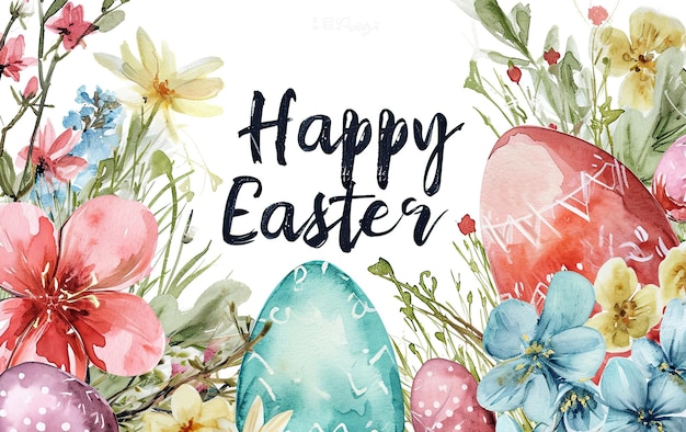 Feliz cartão de Páscoa com ovos coloridos e flores ilustração de aquarela