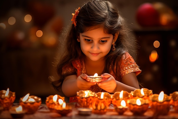 feliz cartão de saudação de diwali mostrando indígena bela garota segurando um diya ou Terracota lâmpada de óleo sobre