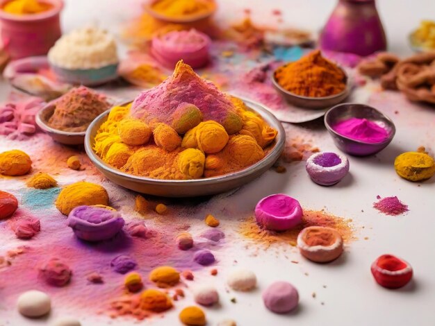 Foto feliz cartão de saudação de holi projetado mostrando flores e pó de alimentos tradicionais indianos doces e salgados