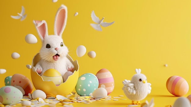 Foto feliz cartão de saudação de páscoa ilustração 3d em fundo amarelo retratando o coelho de páscua em uma casca de ovo quebrada e um polinho eclodindo de um pequeno ovo