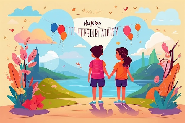 Feliz cartão de saudação do dia da amizade com duas crianças, amigos infantis, fundo de ilustração