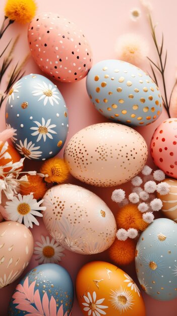 Feliz cartão de saudações de Páscoa de alguns ovos de Páscua coloridos pintados com diferentes desenhos de flores únicos