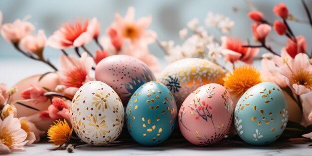 Feliz cartão de saudações de Páscoa de alguns ovos de Páscua coloridos pintados com diferentes desenhos de flores únicos