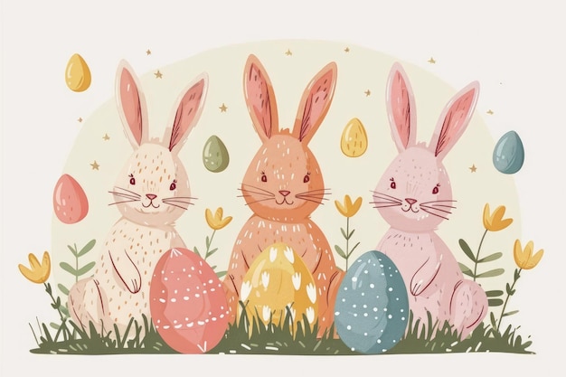 Feliz cartões de aquarela de Páscoa com bonitos ovos de coelho de Páscua, flores de primavera e pássaro em cores pastel isolados em fundo branco