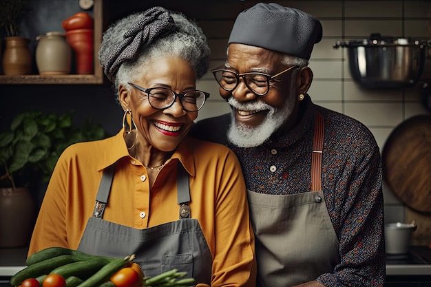 Feliz casal africano idoso cozinhando em uma cozinha refeições veganas IA generativa