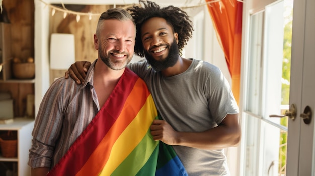 Feliz casal biracial masculino abraçando e segurando a bandeira do arco-íris LGBTQ juntos Diversas pessoas da comunidade