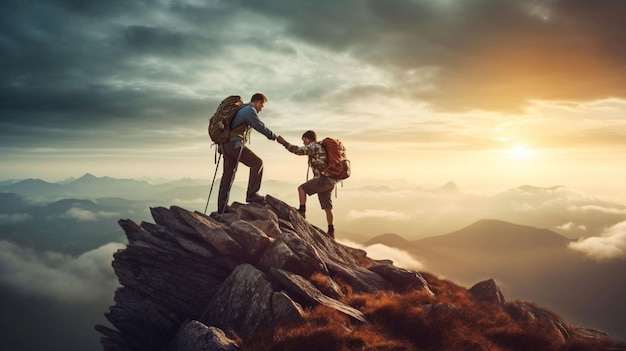 feliz casal de caminhantes com mochilas nas montanhas